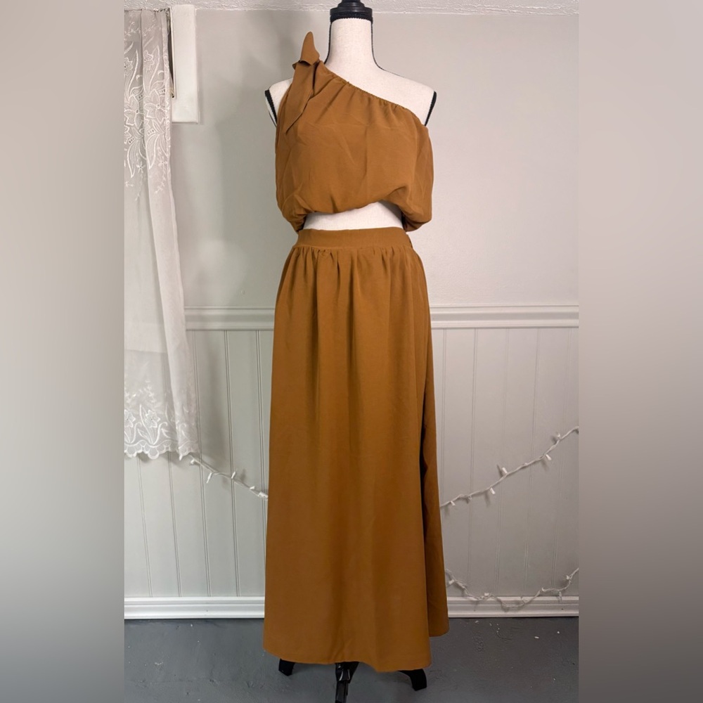 Feminine Two Piece Set One Shoulder Top with Bow Long Flowy Skirt Slits in Brown